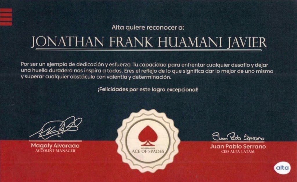 Reconocimiento Ace of Spades de Alta a Jonathan Frank Huamani Javier
